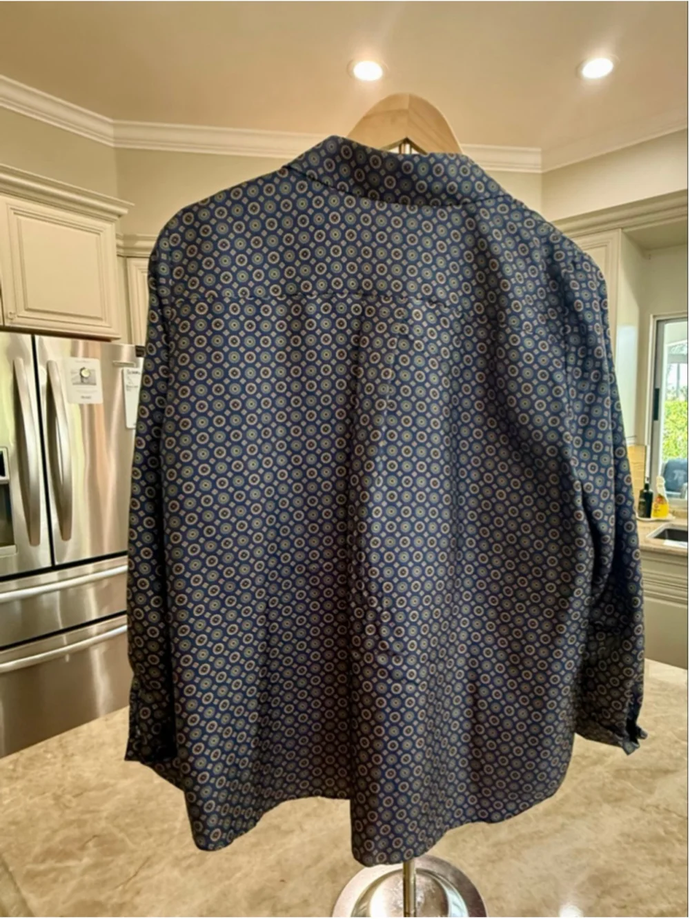 Lafayette 148 silk Button Down Shirt M Blue Brown Dot Print, oversized cuffed - Picture 6 of 11